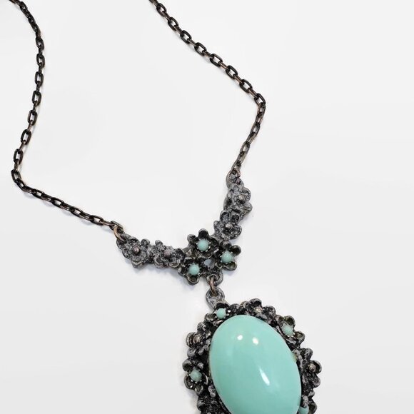 Art Deco Necklace, Robins Egg Blue, Pot Metal, Mixed Metal, Flowers, Box Clasp - Picture 2 of 8